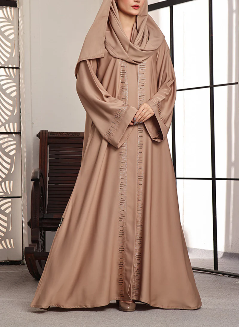 Stone Work Front Open Abaya Beige Petal 0116-C-740