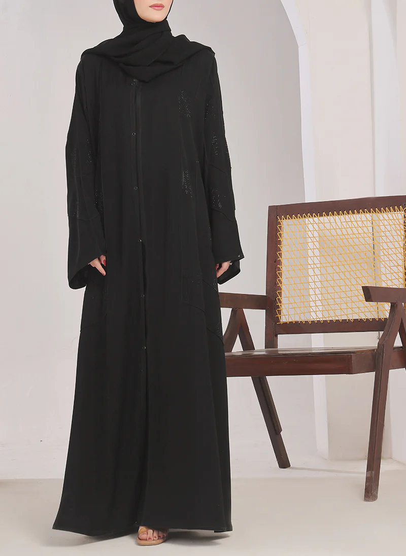 Stone Work Front Open Black Abaya - 0116-RC-1020