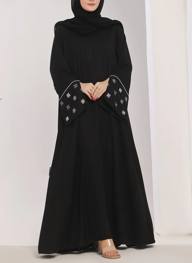 Machine Embroidery Front Close Black Abaya - 0120-E-756