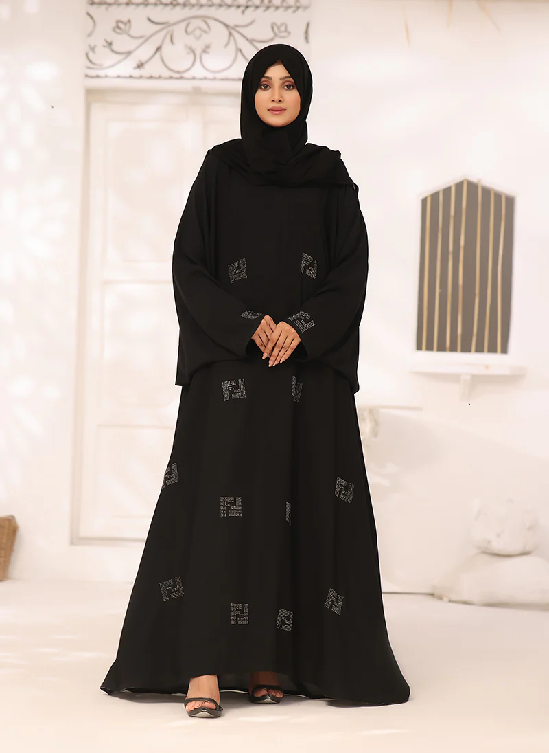 Black Nida Fabric Jilbab with Stone Work Jilbab - JILBAB-C-232