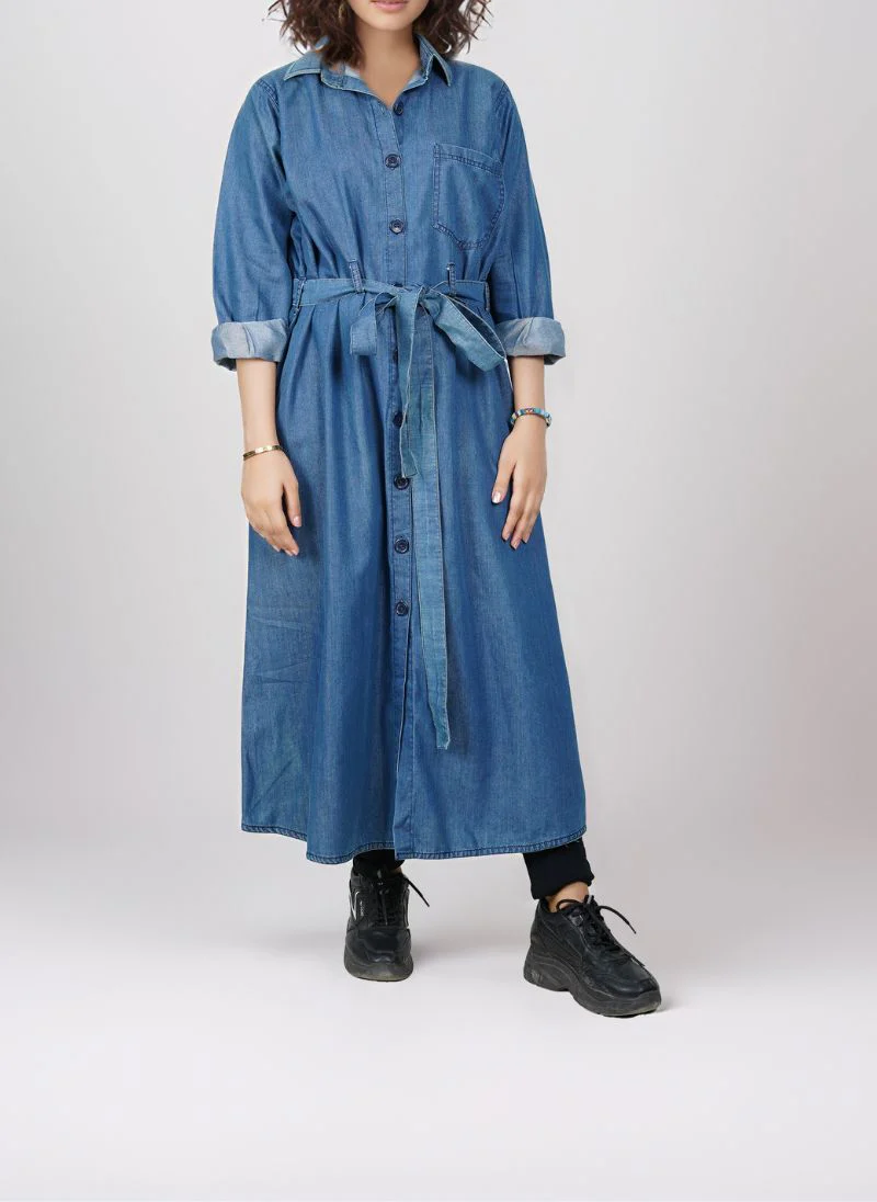 Front-Open Trench Coat Denim Abaya - 0119-R-1012