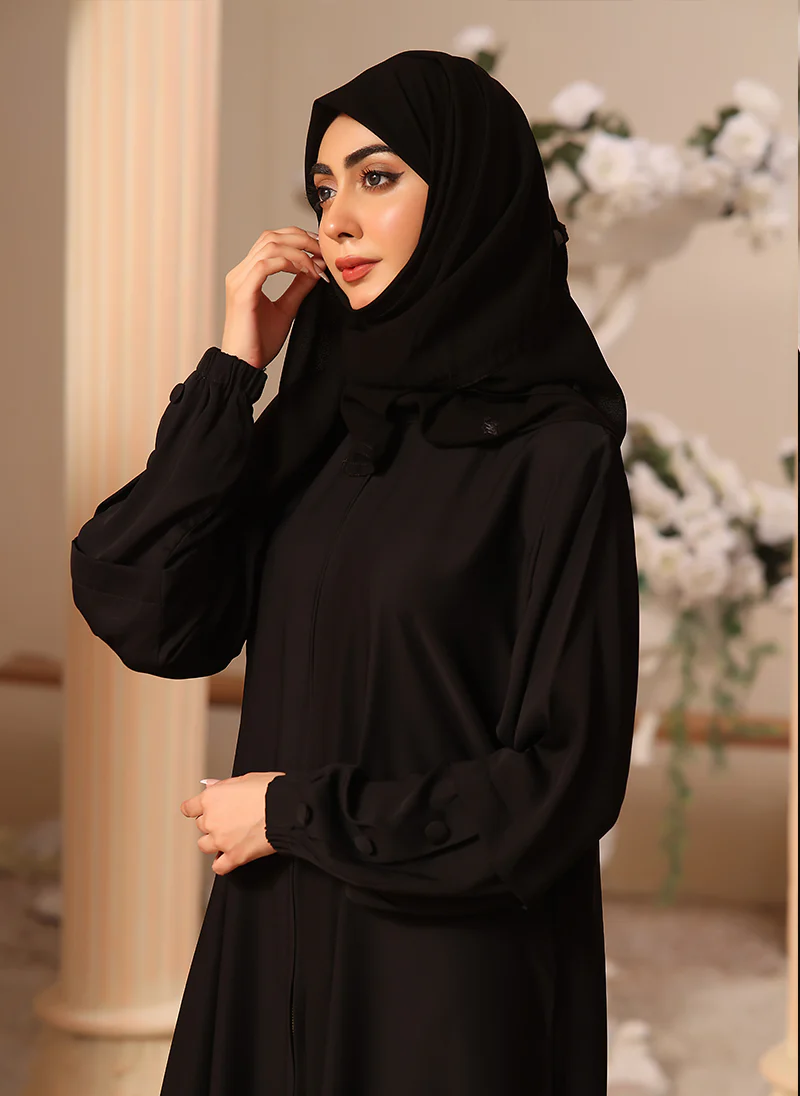 Black Nida Fabric Front Open Abaya - 0118-R-239