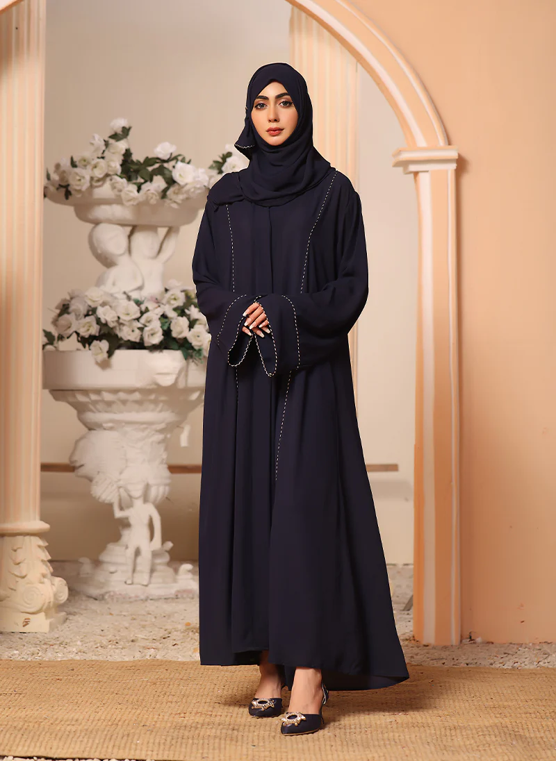 Navy Blue Double Georgette Front Open Ribbon Abaya - 0116-R-248