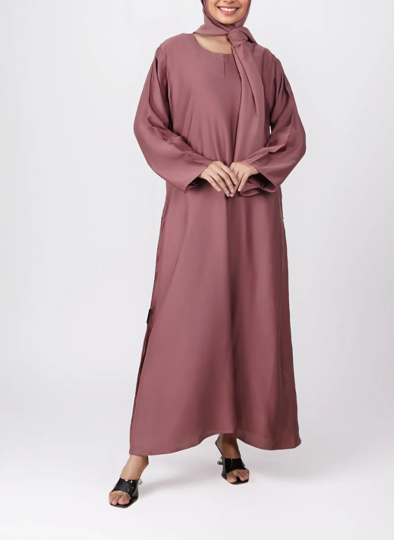 Tea Pink Nida Plain Round Neck Front Close Abaya - 0120-P