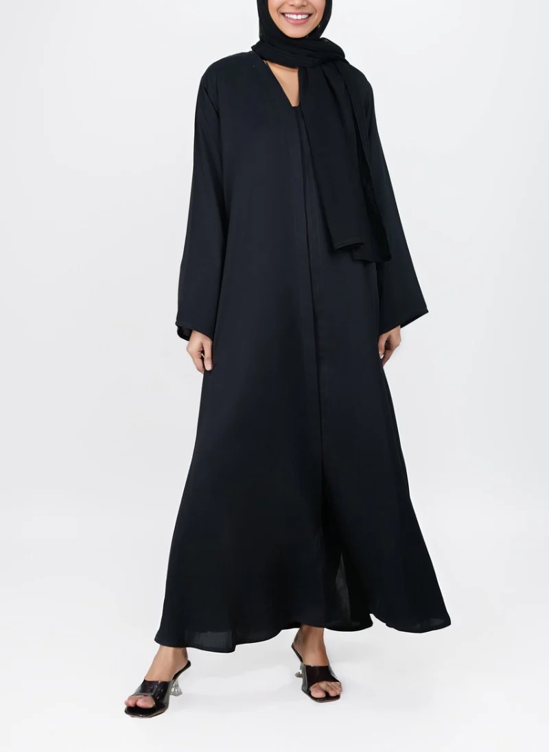 Black Front Open Moss Georgette Abaya - 0116-P