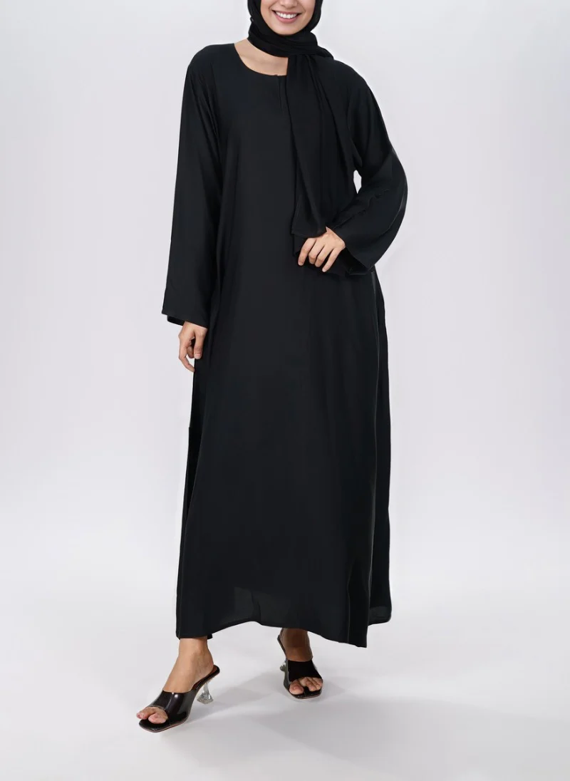 Black Wool Peach Plain Round Neck Front Close Abaya - 0120-P