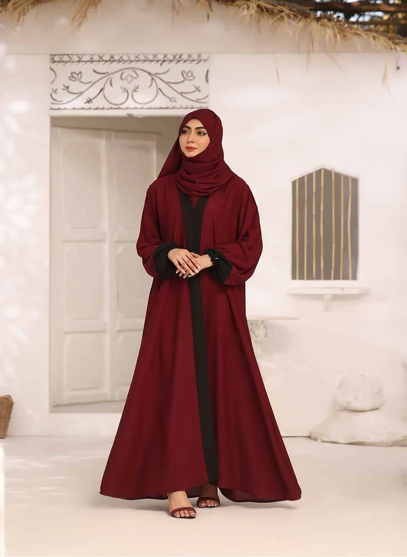 Regal Maroon Double Georgette Front Open Abaya - 0116-R-260
