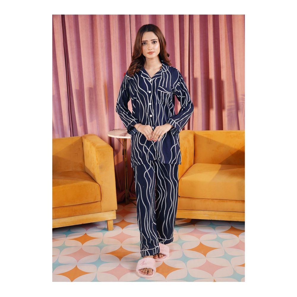 Basix Women's Navy Blue With White Ripples Loungewear, 2-Piece Set, LW-661