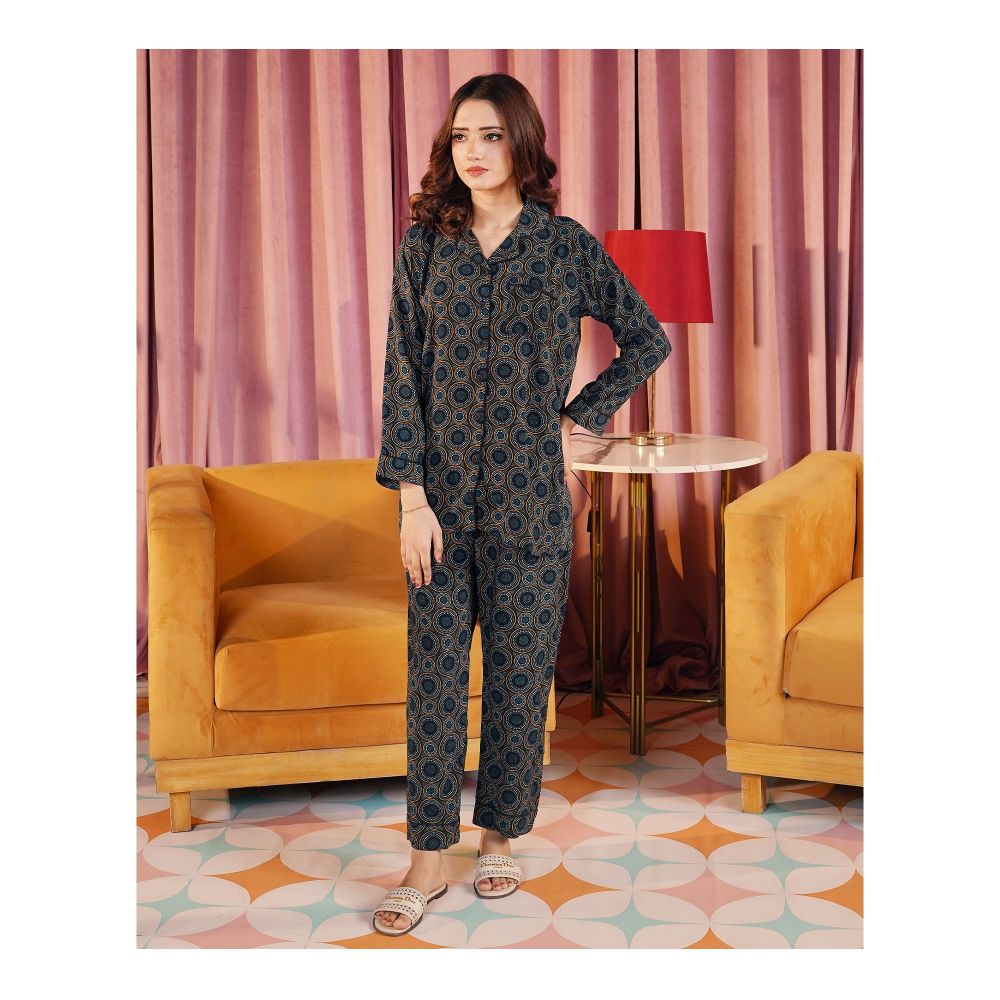 Basix Women's Black Turquoise & Grey Circular Patterns Loungewear, 2-Piece Set, LW-663