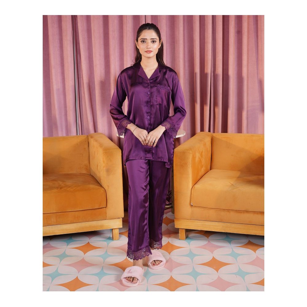 Basix Women's Purple Full Sleeves Shirt & Trouser With Lace, 2-Piece, SW-120