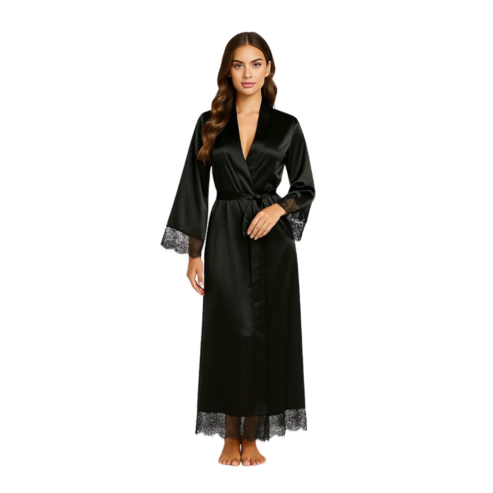 Sajiero Women's Artistry Lace Long Robe, Silk, Black, 2923