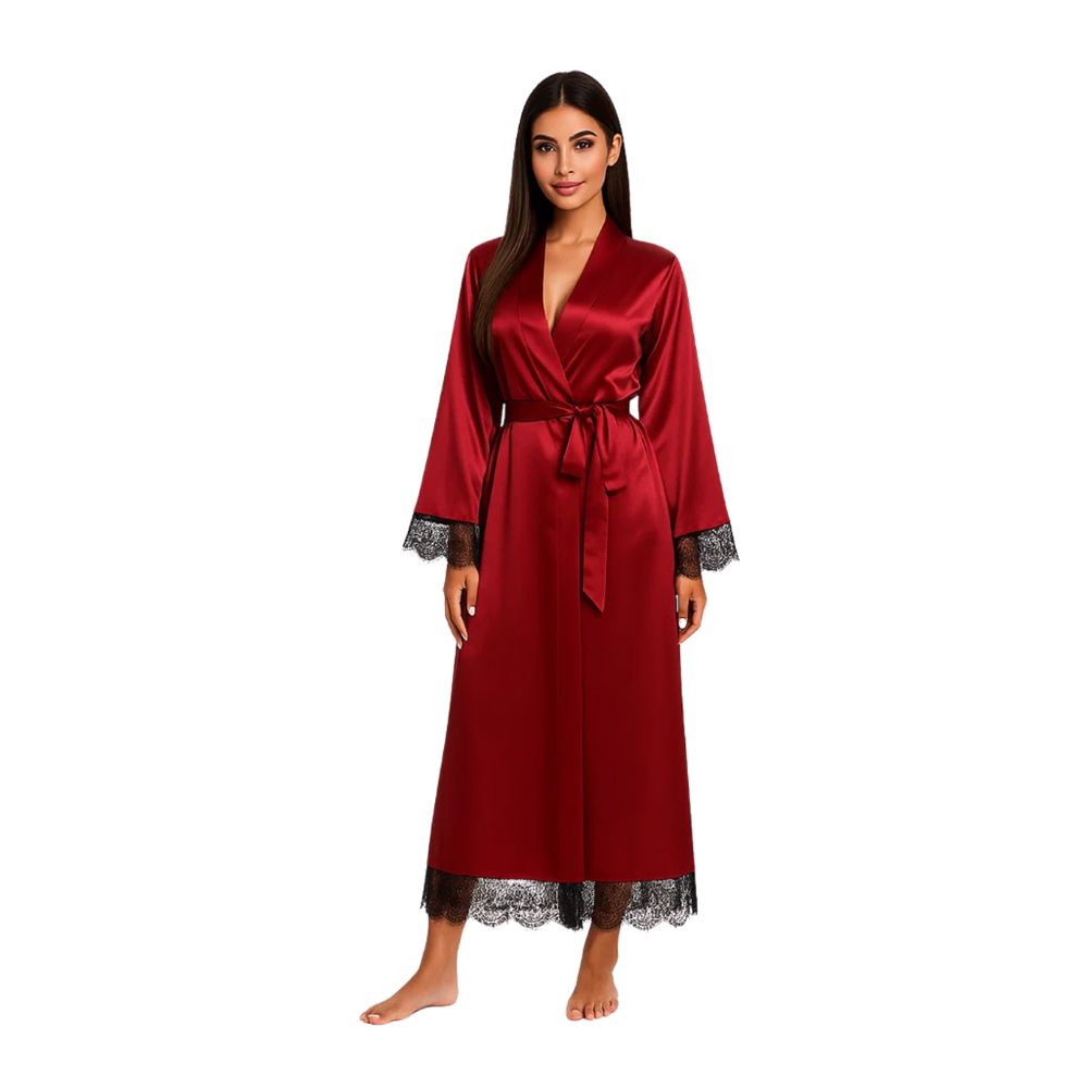 Sajiero Women's Artistry Lace Long Robe, Silk, Maroon, 2924