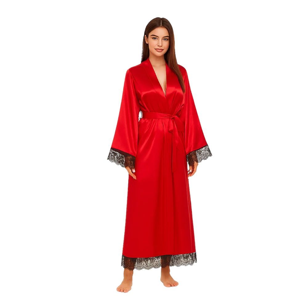 Sajiero Women's Artistry Lace Long Robe, Silk, Red, 2922
