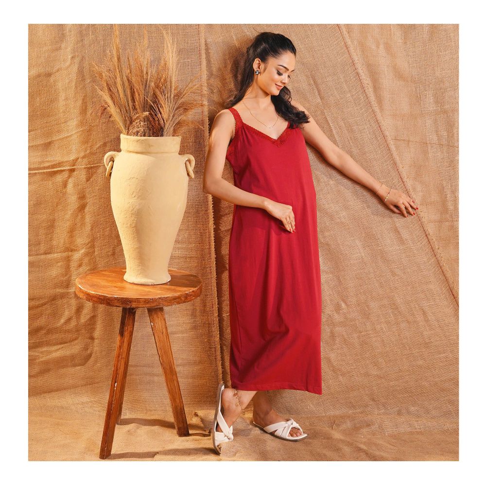 Basix Women's Stretchable Night Gown With Stretchable Neck & Shoulder Strap Laces, Cotton, Maroon, LNG-52