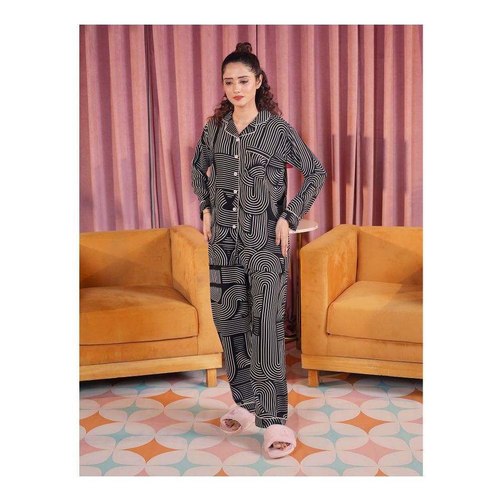 Basix Women's Geometric Pattern Loungewear 2-Piece Set  Black With Beige  LW-665