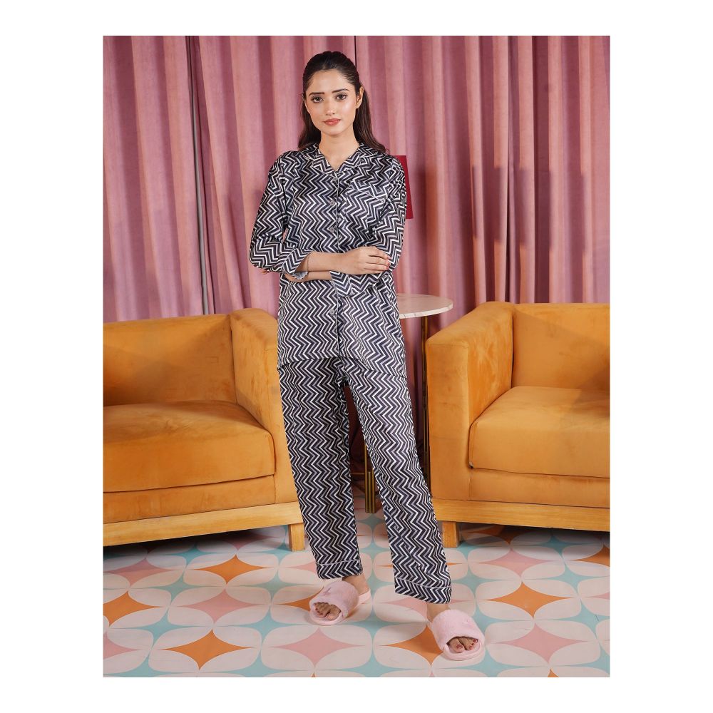 Basix Women's Zig Zag Loungewear 2-Piece Set, Black Steel Grey & White, LW-667