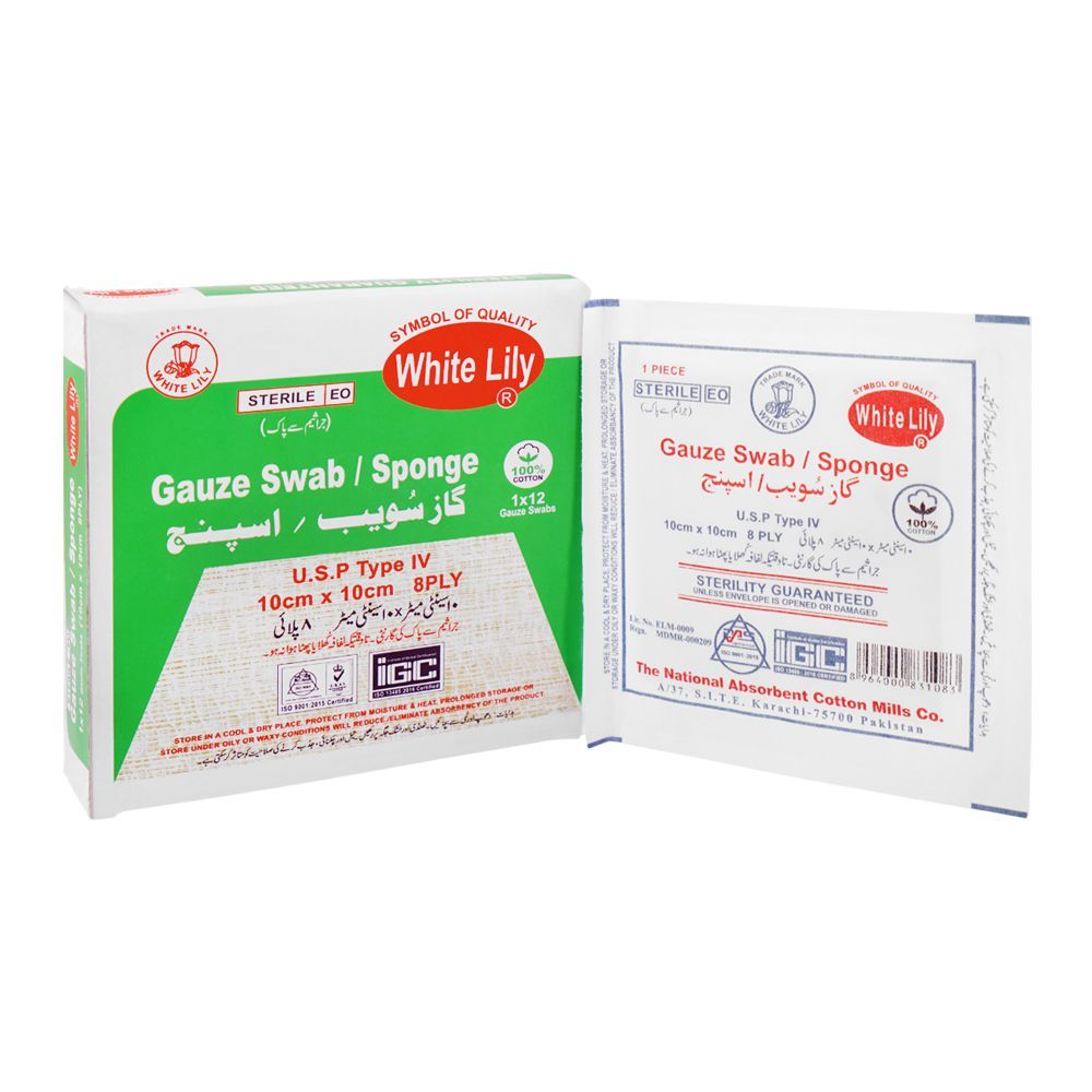 White Lily Gauze Swab/Sponge Pad, 10cm x 10cm, 8Ply, 1x12 Gauze Swabs