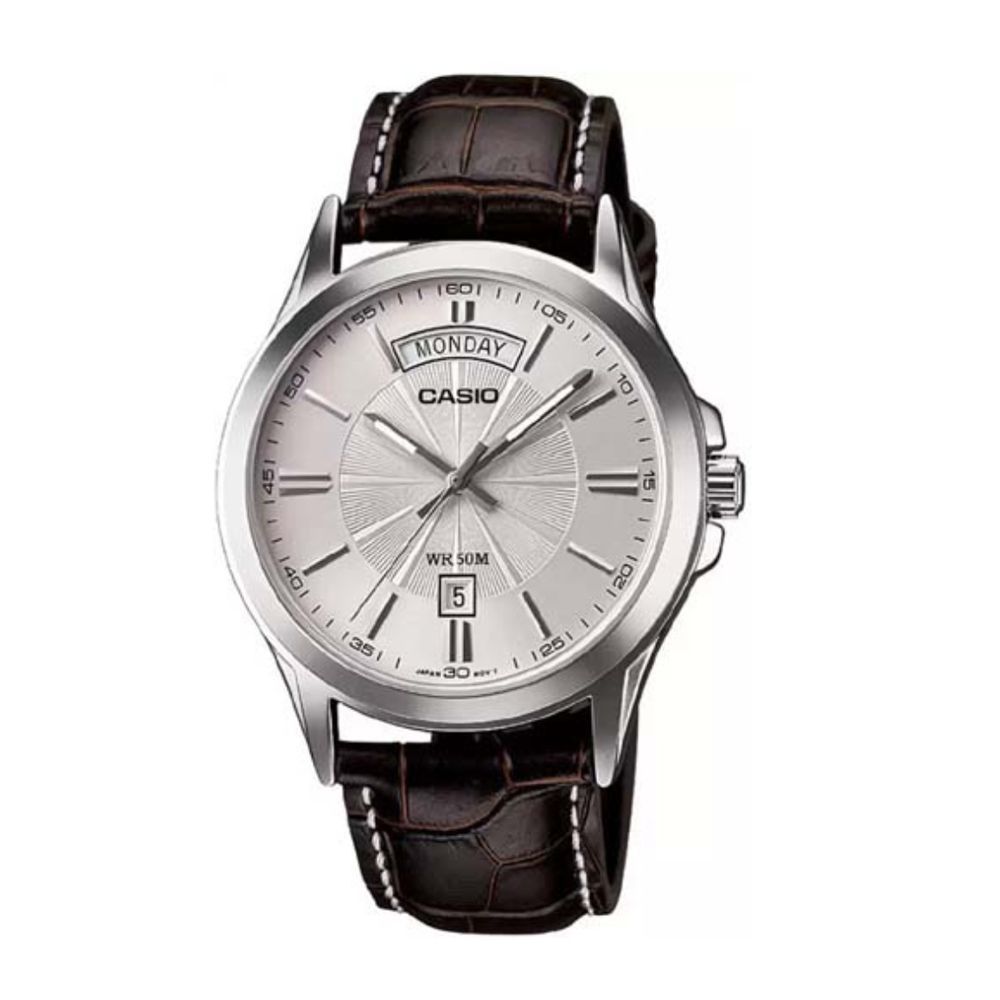 Casio Men's Analog Watch With Sliver Round Dial & Leather Strap, MTP-1381L-7AVDF