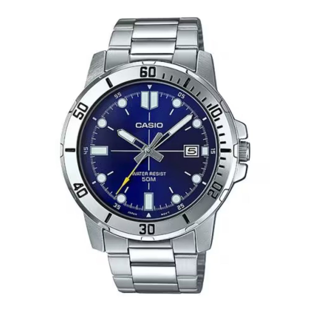 Casio Men's Enticer Analog Watch With Blue Dial & Stainless Steel Bracelet, MTP-VD01D-2EVUDF