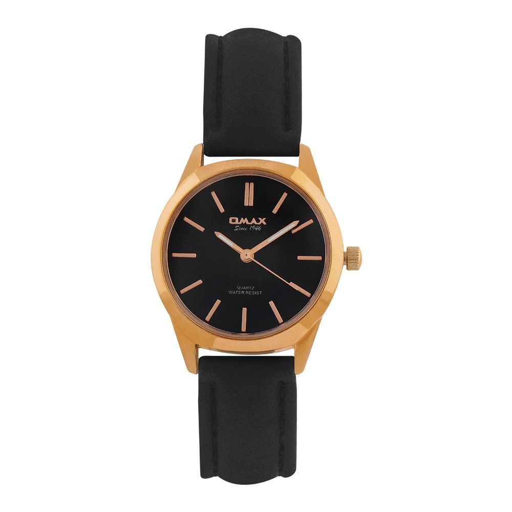 Omax Women's Golden Round Dial With Black Background & Plain Strap Analog Watch, PR00146B02