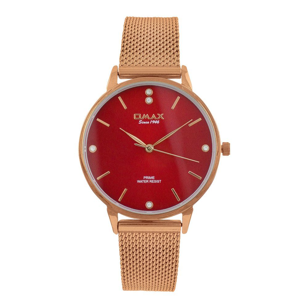 Omax Women's Prime Red Round Dial & Rose Gold Bracelet Analog Watch, PMM03R88O