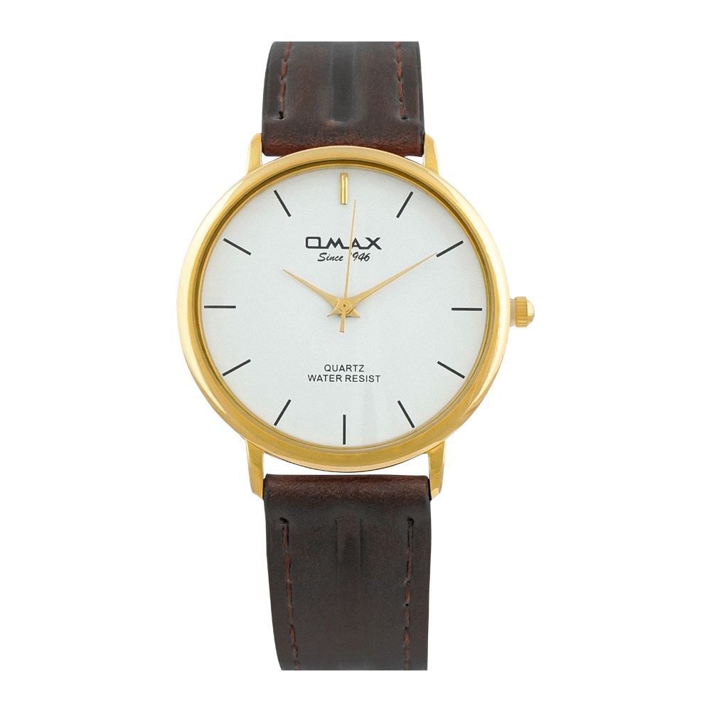 Omax Women's Yellow Gold Round Dial With White Background & Texture Strap Analog Watch, SC7491QQ93