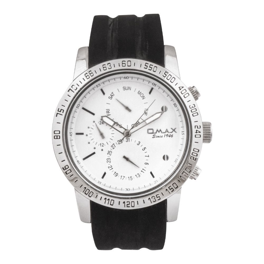 Omax Men's White Round Dial With Silver Case & Black Texture Strap Chronograph Watch, PB03P32I