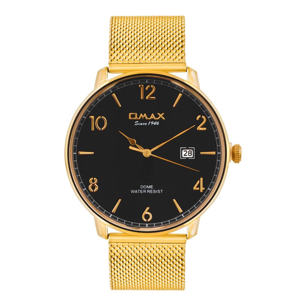 Omax Men's Dome Water Resist Black Round Dial & Golden Bracelet Analog Watch, DCD003G21I