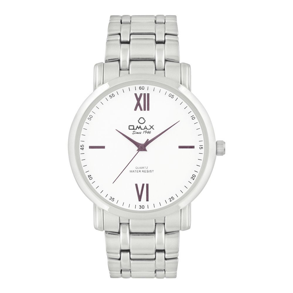 Omax Men's White Round Dial & Silver Bracelet Analog Watch, ODC007I033