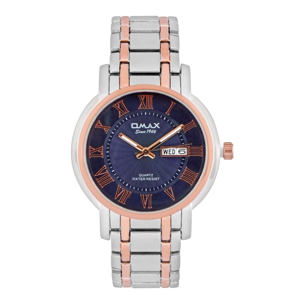 Omax Men's Quartz Blue Round Dial With Pink Case & Two Tone Bracelet Analog Watch, HYB061N004