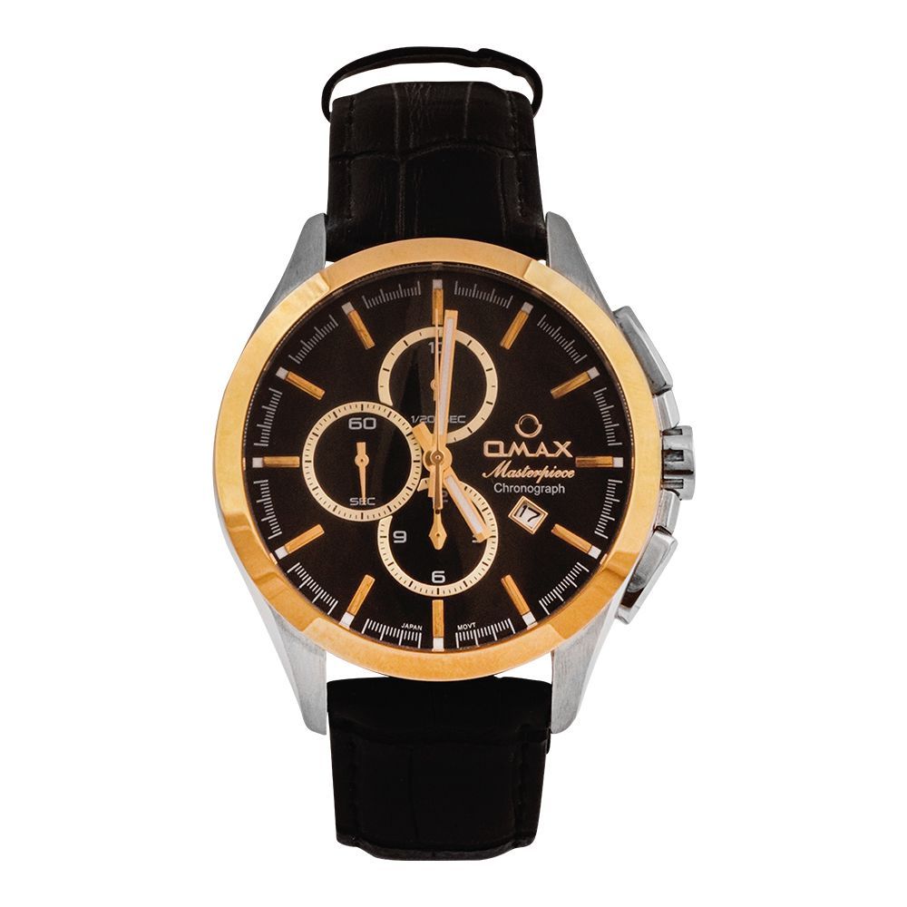 Omax Men's Golden Round Dial With Black Texture Strap Chronograph Watch, CL02T22I