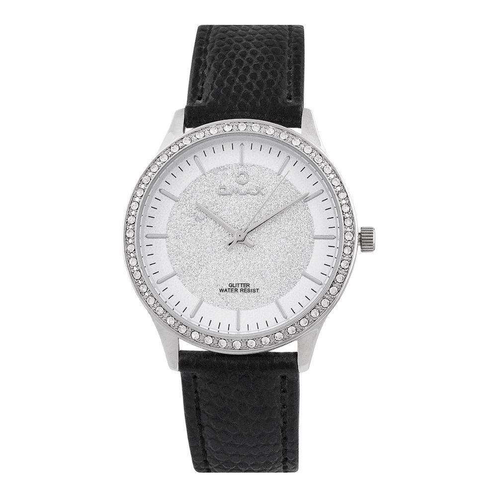 Omax Women's Silver Designed Round Dial With Texture Black Strap Analog Watch, GT002P62I