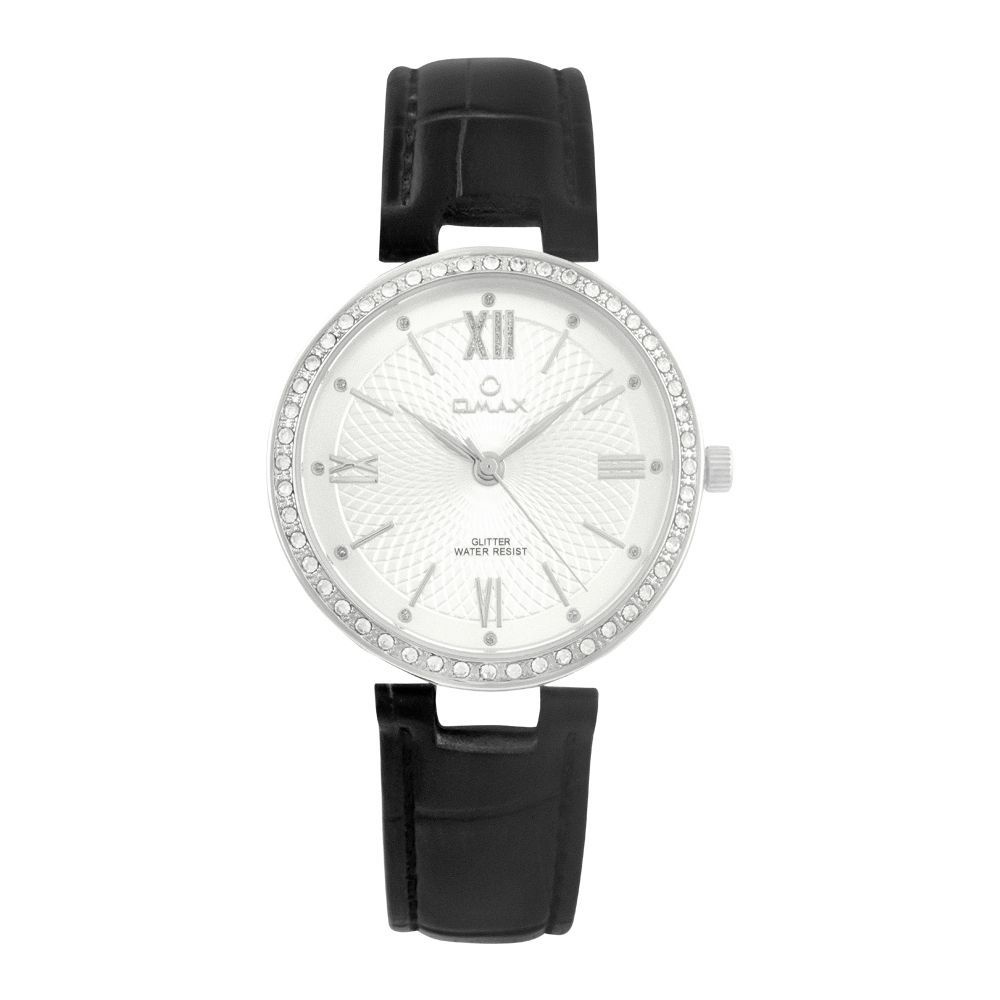 Omax Women's Glitter Silver Round Dial With Texture Black Strap Analog Watch, GT001T62I