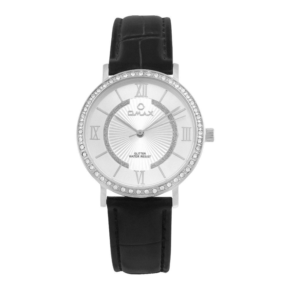 Omax Women's Glitter Chrome Round Dial With Black Texture Strap Analog Watch, GT003P62I