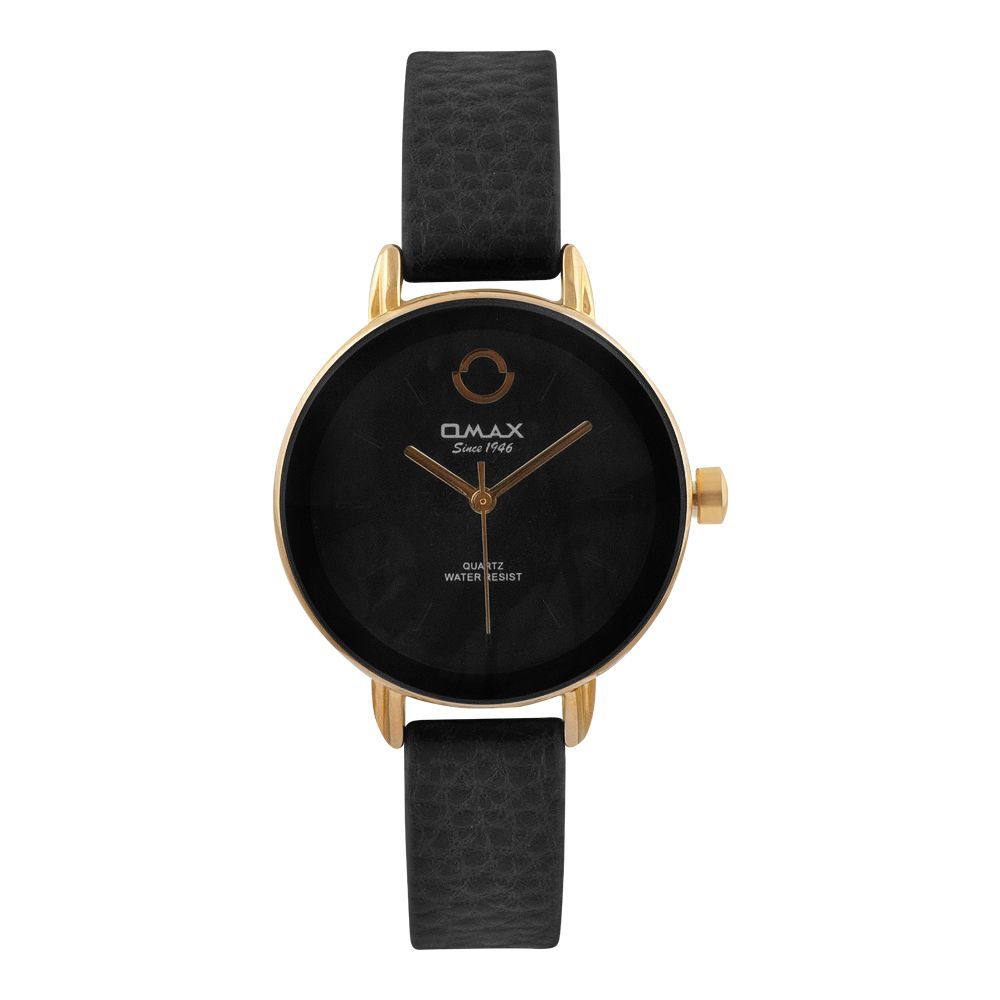 Omax Women's Water Resist Golden Dial With Black Background & Black Texture Strap Analog Watch, CE0279QB02