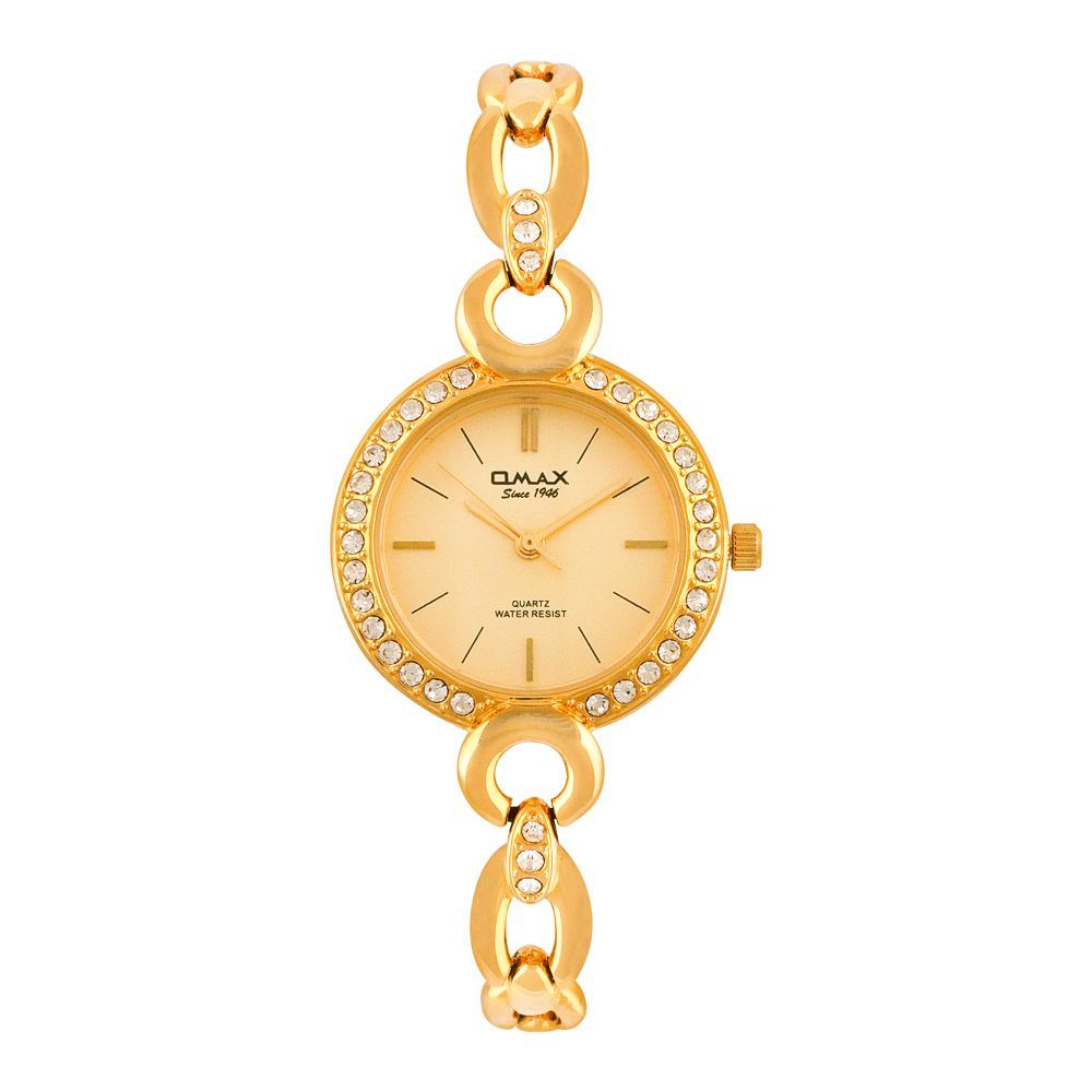 Omax Women's Golden Round Dial With Designed Chain Analog Watch, JES940G001