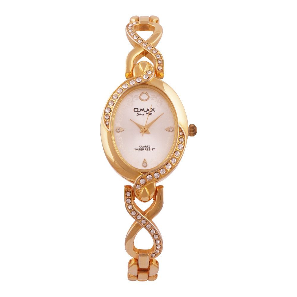 Omax Women's Designed Golden Round Dial With Designed Chain Analog Watch, JES966G008