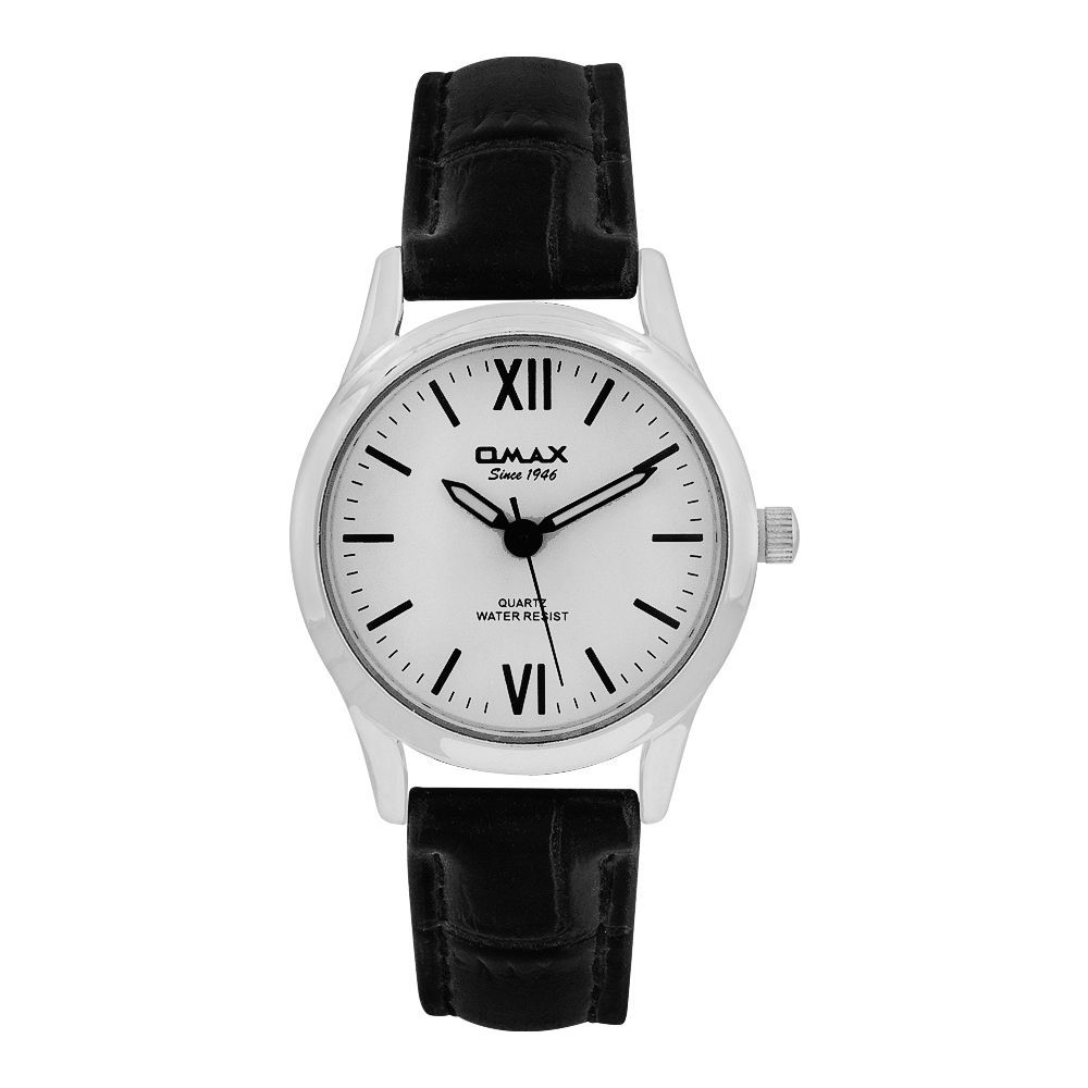 Omax Women's White Round Dial With Black Texture Strap Analog Watch, PR0010IB03