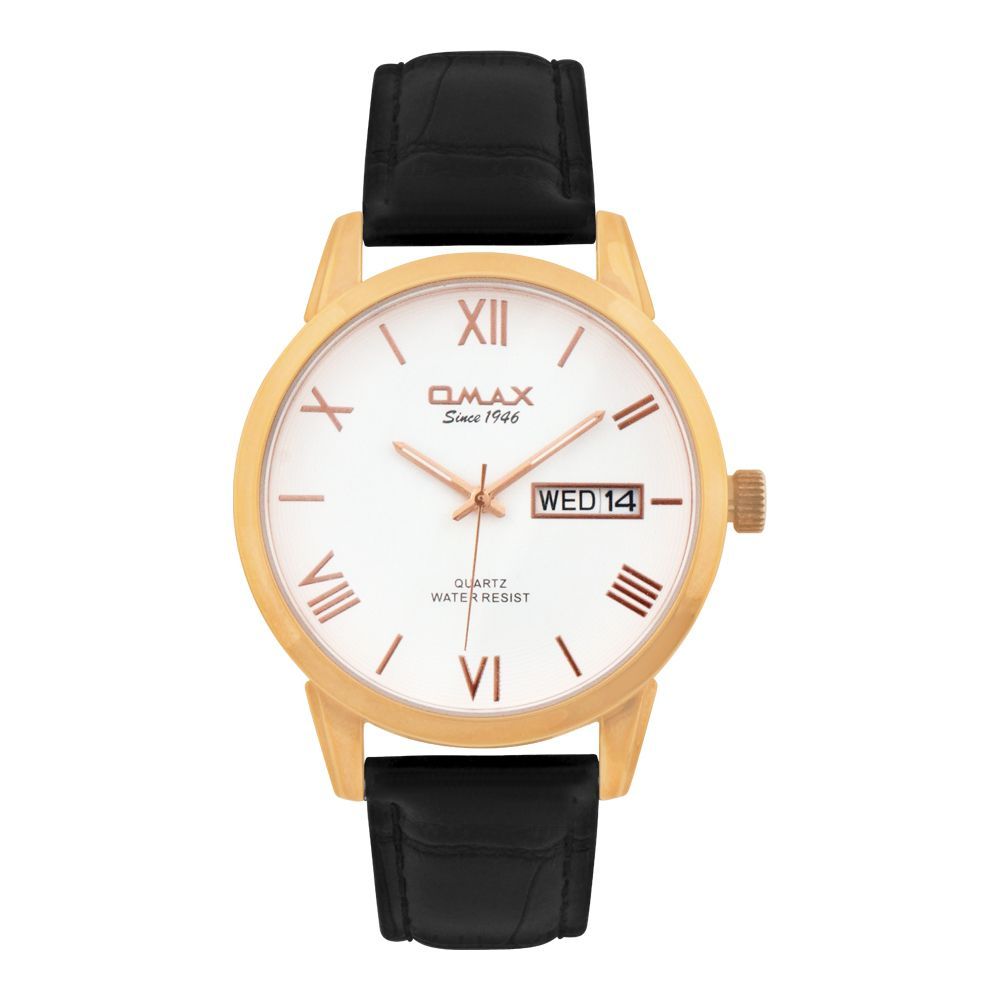 Omax Men's Golden Round Dial With White Background & Black Strap Analog Watch, PRZ0136B03