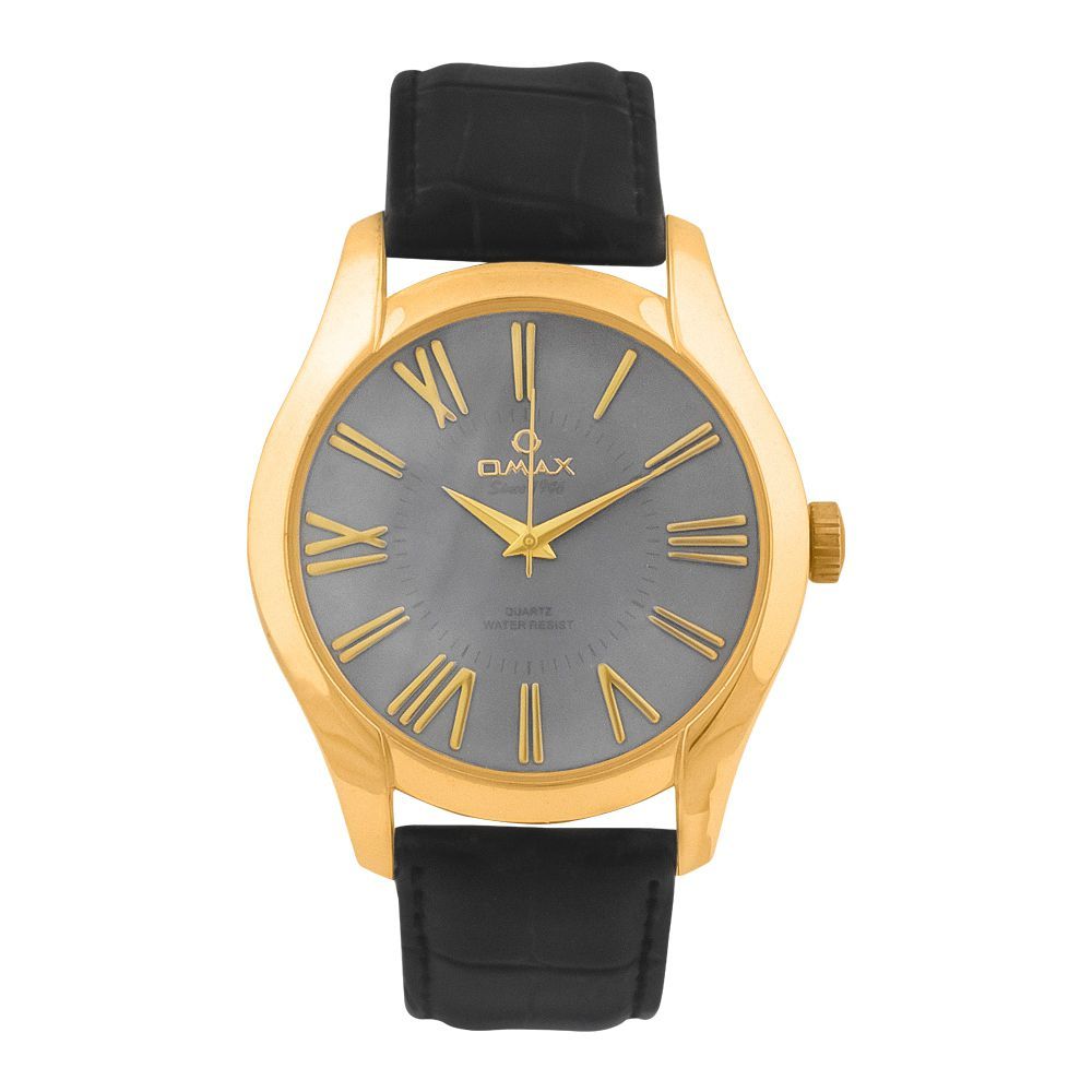 Omax Men's Golden Round Dial With Black Plain Strap Analog Watch, OAS117QB07