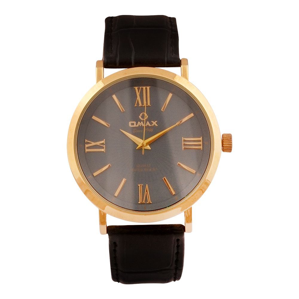 Omax Men's Golden Round Dial With Black Texture Strap Analog Watch, OAS115QB07