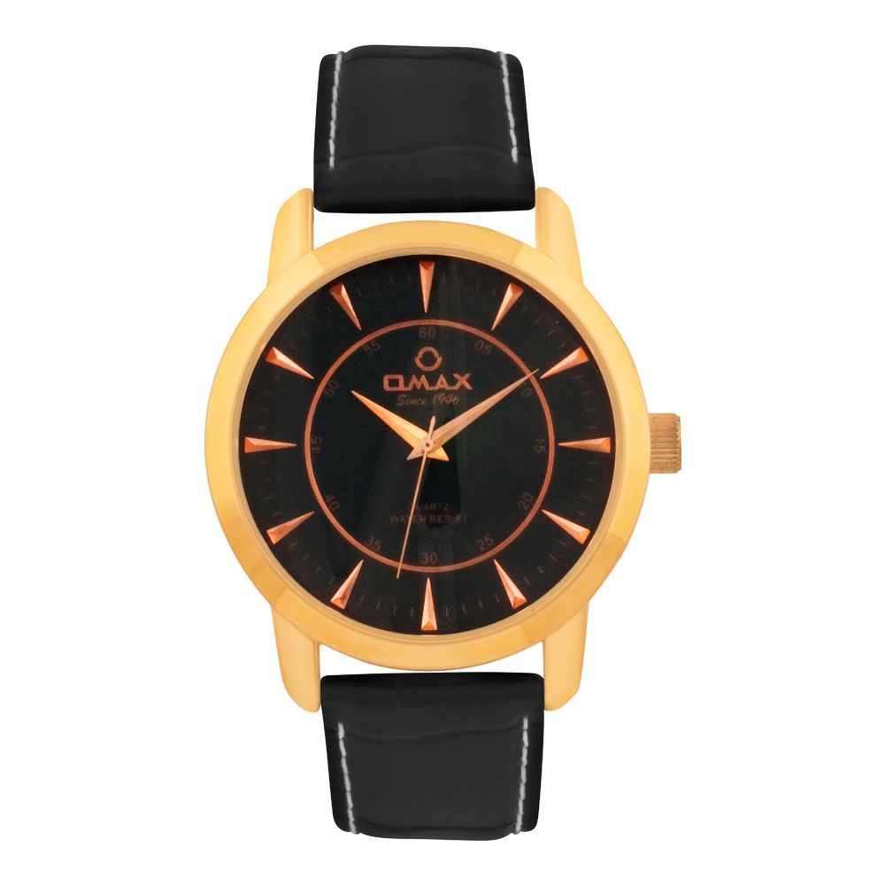 Omax Men's Gold Round Dial With Black Plain Strap Analog Watch, OAS1296B02