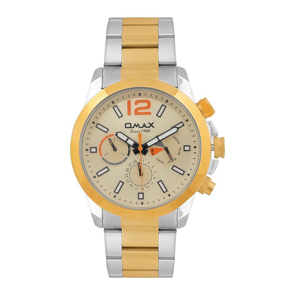 Omax Men's Golden Round Dial With Two Tone Bracelet Chronograph Watch, GX55T1TI