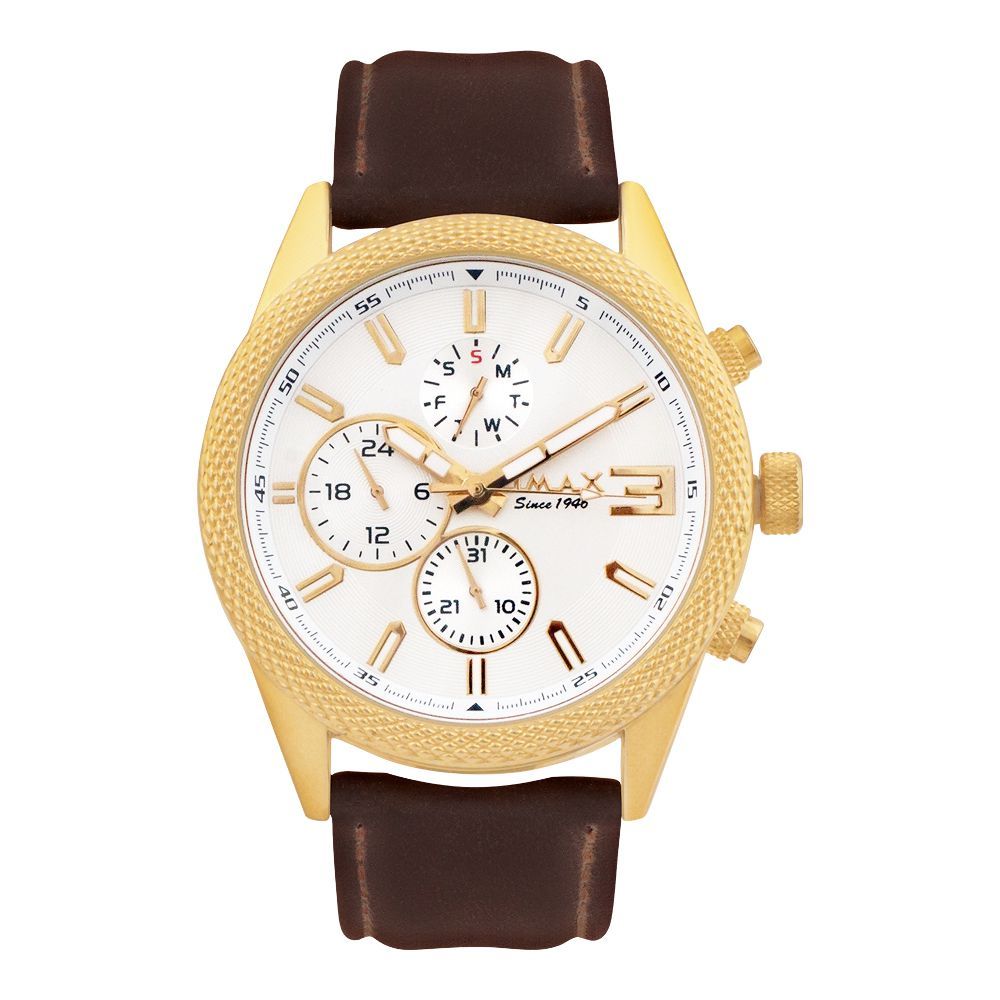 Omax Men's Golden Round Dial With White Background & Dark Brown Plain Strap Chronograph Watch, GX37G35I