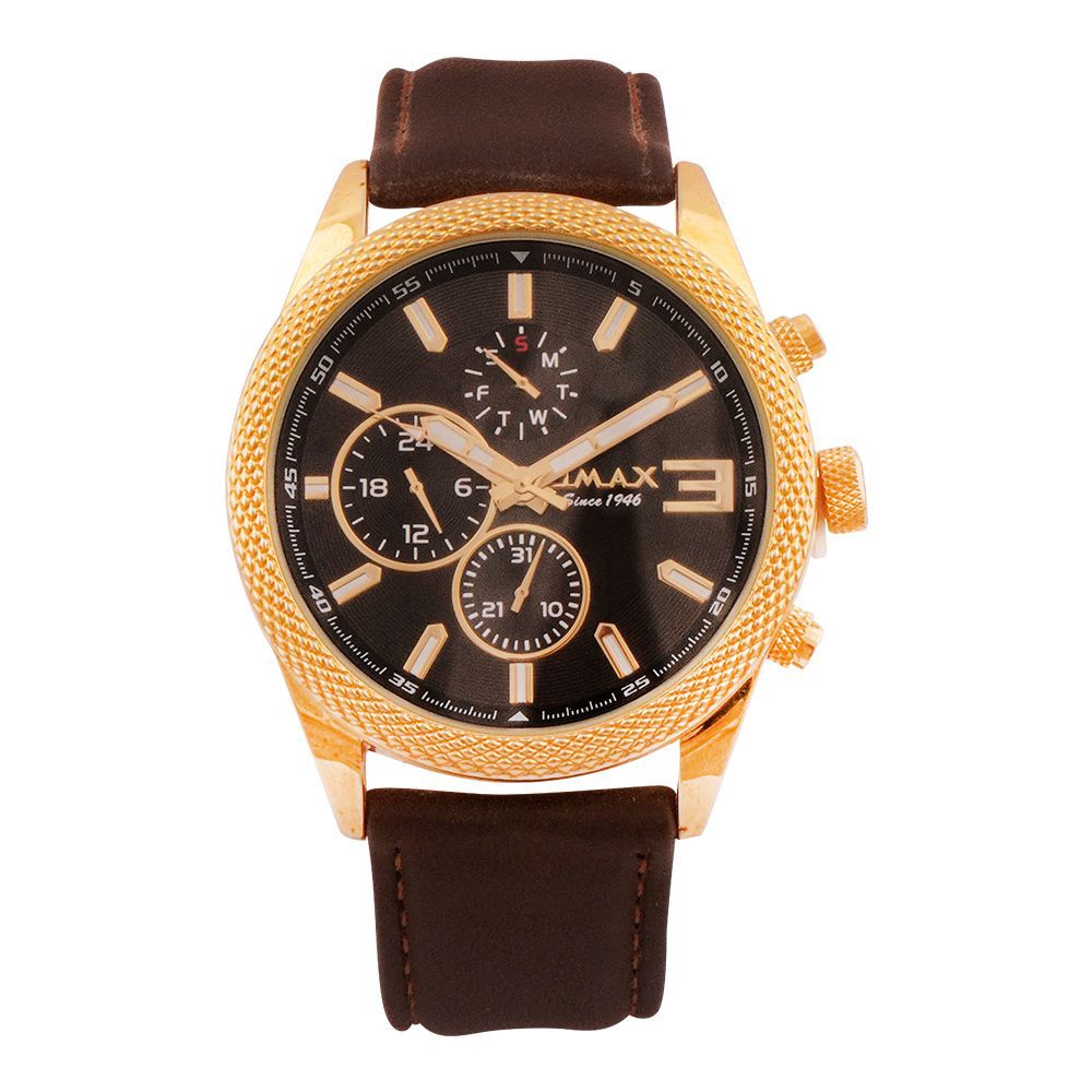 Omax Men's Golden Round Dial With Brown Strap Chronograph Watch, GX37G25I