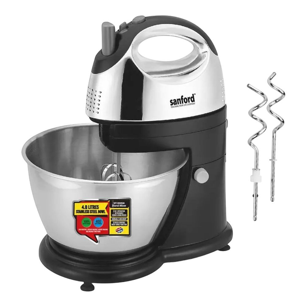 Sanford 5 Speed Stand Mixer With Stainless Bowl, 2 X Beater For Eggs & Cream & 2 X Dough Hook, 400W, SF-1355SM
