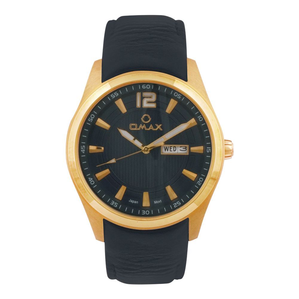 Omax Men's Golden Round Dial With Black Plain Strap Analog Watch, 74SM