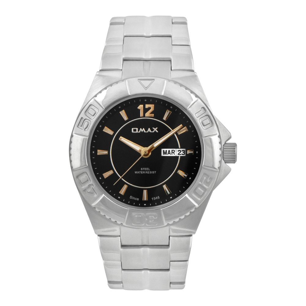 Omax Men's Stainless Steel Water Resist Black Dial With Silver Case & Bracelet Analog Watch, 04SVP26I