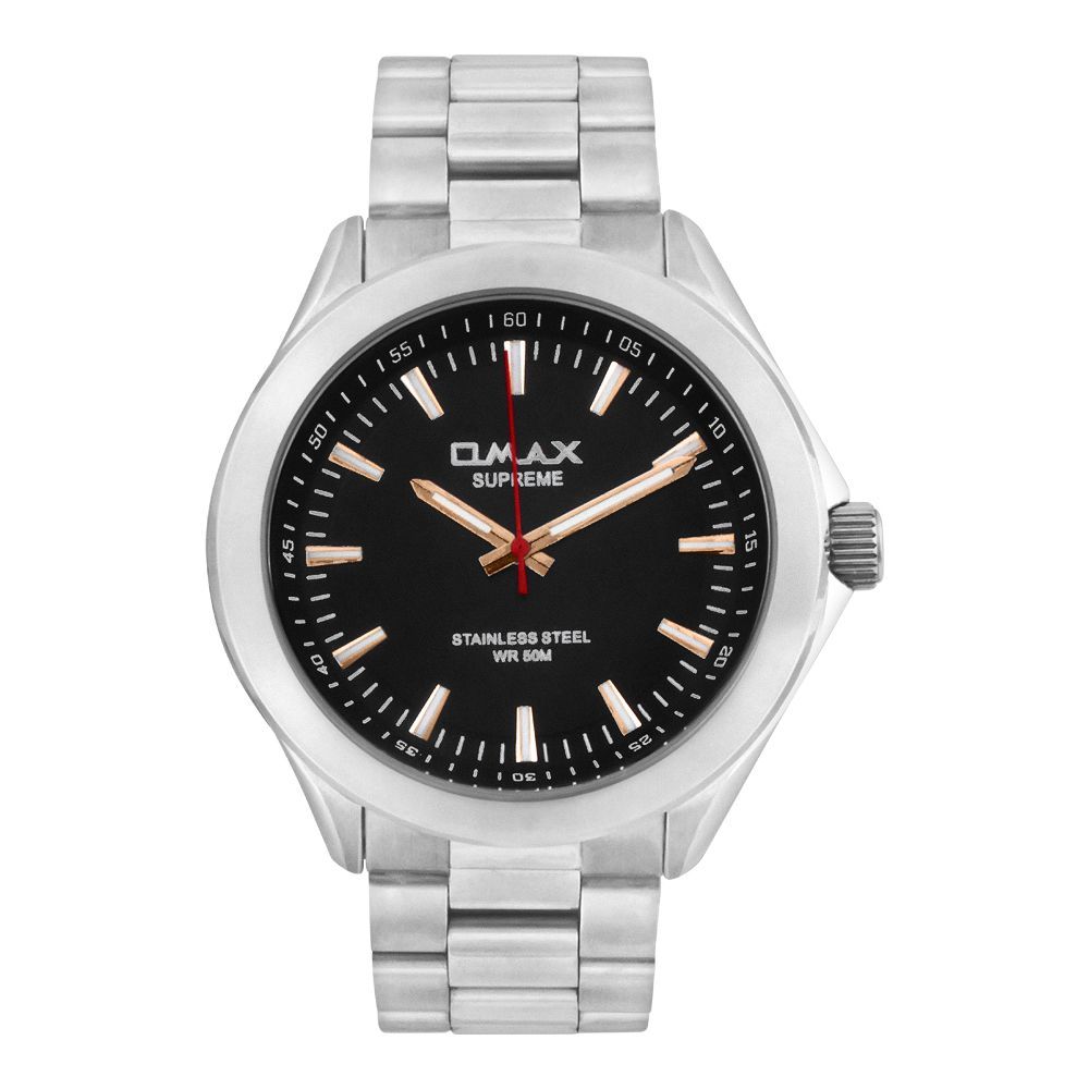 Omax Men's Supreme Stainless Steel Black Round Dial With Chrome Bracelet Analog Watch, CS415