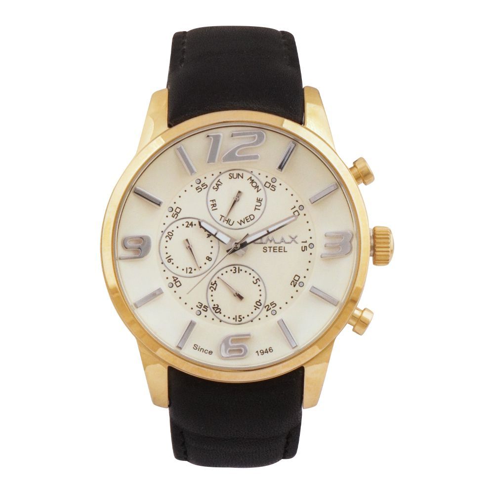 Omax Men's Steel Golden Round Dial With Black Strap Chronograph Watch, 22SLG12I